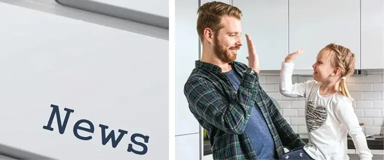Zweigeteiltes Bild mit Tastaturtaste News links und Mann und Kind beim High-Five in einer hellen Küche rechts.